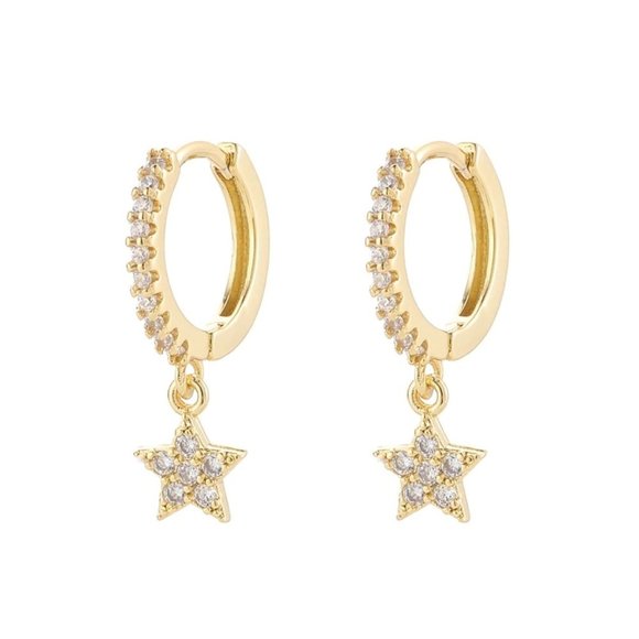 *NEW Gold Diamond Star Drop Huggie Hoop Earrings - Picture 7 of 8